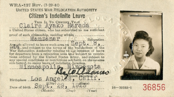 Citizen’s Indefinite Leave Pass for Claire Ayako Harada, September 8, 1944 