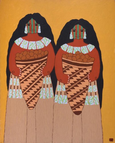 Harry Fonseca (Nisenan Maidu, Hawaiian, Portuguese, 1946-2006). A Gift from California, circa 1979, acrylic on canvas. Museum purchase, Autry Museum.