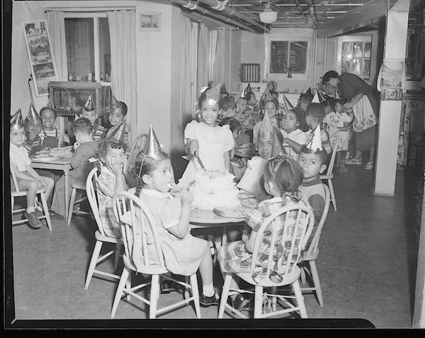 Sharon Jones' birthday party at Mrs. Howard's Nursery School, March 1949. More about this photo.