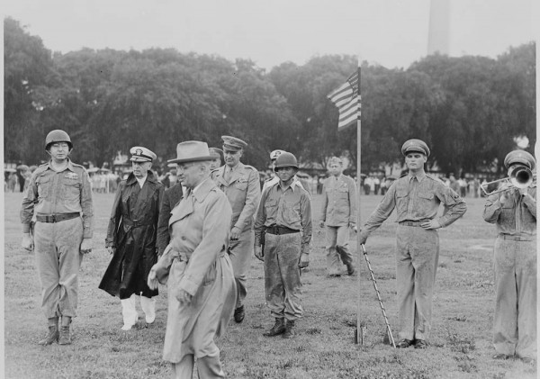 President Harry S. Truman reviews the Japanese-American 442nd Regimental Combat Team in Washington, D.C. on July 15, 1946. Photo by Abby Rowe/National Archives and Records Administration.